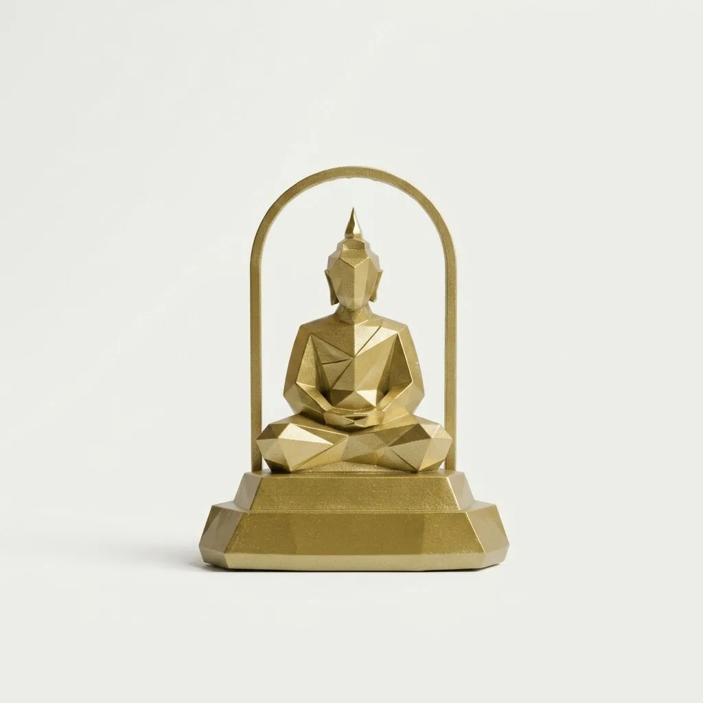 พระพุทธรูปสไตล์โมเดิร์น มินิมอล (Low-Poly Buddha with Arch) — ด้านหน้า (ภาพหลัก)