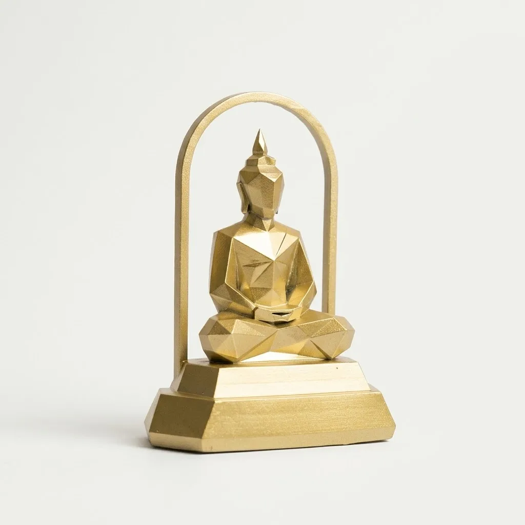 พระพุทธรูปสไตล์โมเดิร์น มินิมอล (Low-Poly Buddha with Arch) — มุมเฉียง 45°